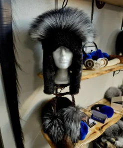 Black Seal Skin Hat with Silver Fox Brim & Sea Otter Fur Lining