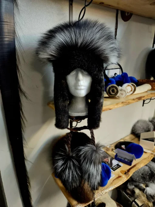 Black Seal Skin Hat with Silver Fox Brim & Sea Otter Fur Lining